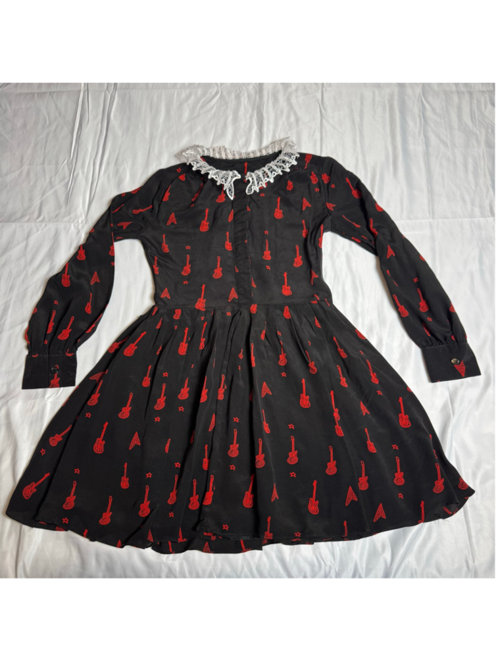 Black Long-Sleeve Dress with Red Guitar Print and Lace Collar